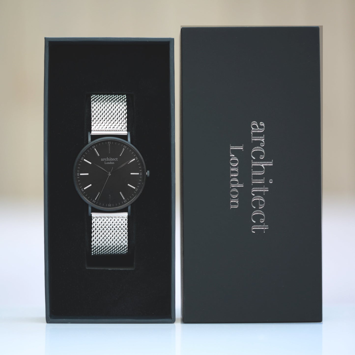 Modern Font Engraving - Men's Minimalist Watch + Steel Silver Mesh Strap