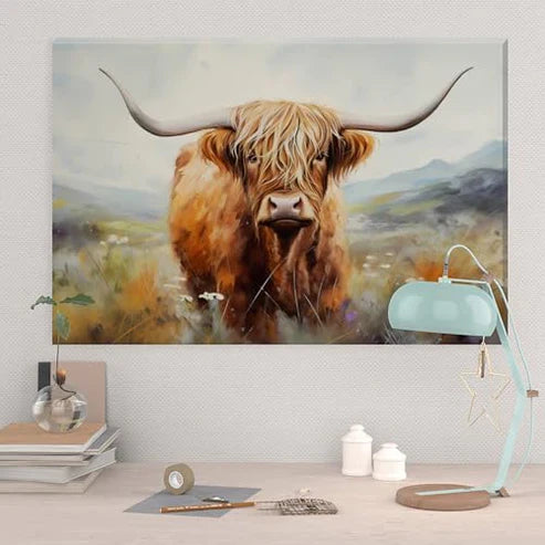 Landscape Highland Cow Grazing In The Scottish Highlands Canvas