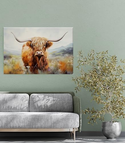 Landscape Highland Cow Grazing In The Scottish Highlands Canvas