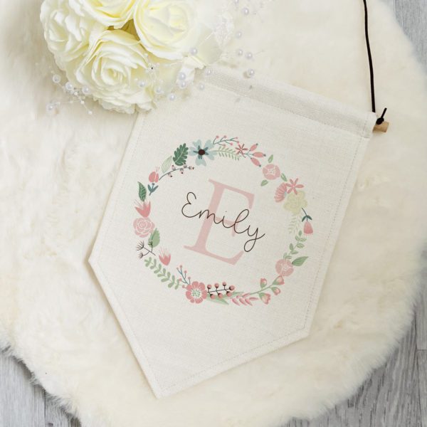 Pink Floral Wreath Personalised Pennant Flag