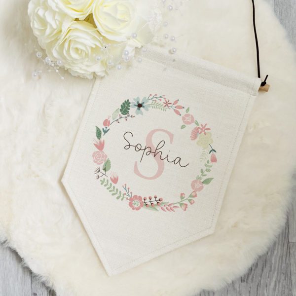 Pink Floral Wreath Personalised Pennant Flag
