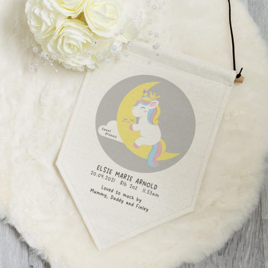 Sleepy Unicorn Personalised Pennant Flag