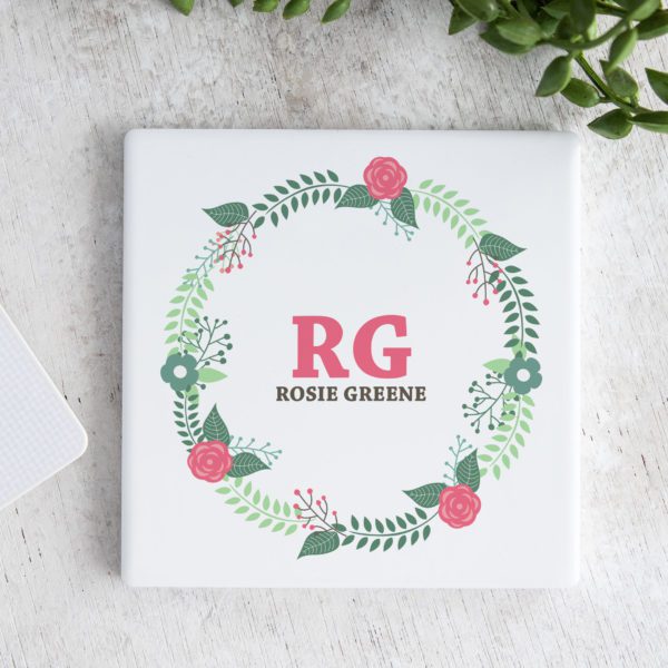Floral Wreath Initials Ceramic Coaster