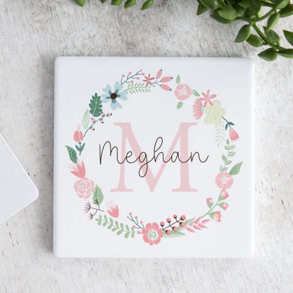 Pink Wreath Personalised Ceramic Coaster