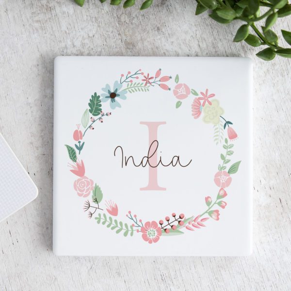 Pink Wreath Personalised Ceramic Coaster