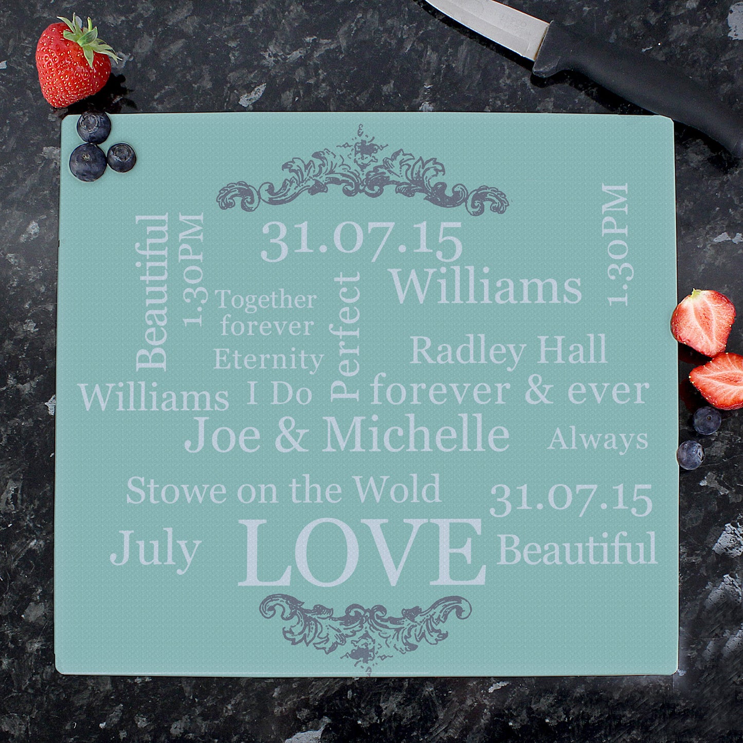Personalised Typography Glass Chopping Board/Worktop Saver