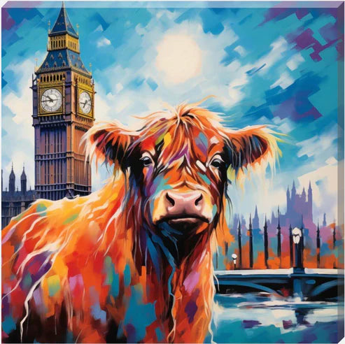 Trip To London Iris Highland Cow Canvas