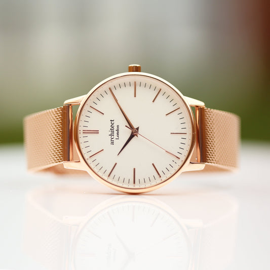 Ladies Architēct Blanc - Modern Font Engraving + Rose Gold Mesh Strap - Wear We Met