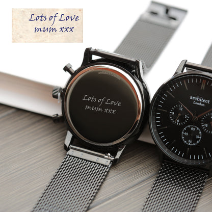 Handwriting Engraving - Men's Architect Motivator Black Face Black Mesh Strap - Wear We Met