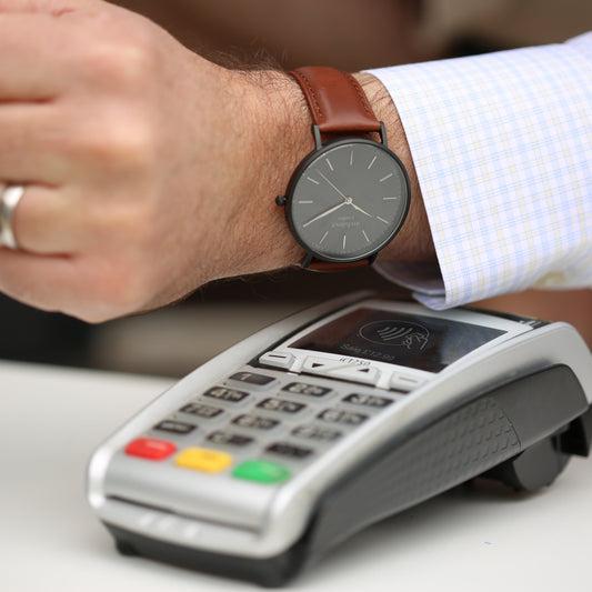 Contactless Payment Watch - Men's Architect Minimalist + Walnut Strap + Own Handwriting Engraving - Wear We Met