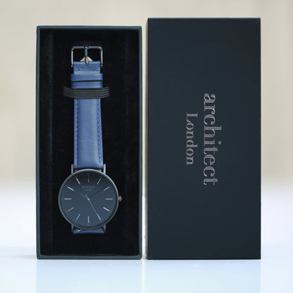 Modern Font Engraving - Men's Minimalist Watch + Admiral Blue Strap