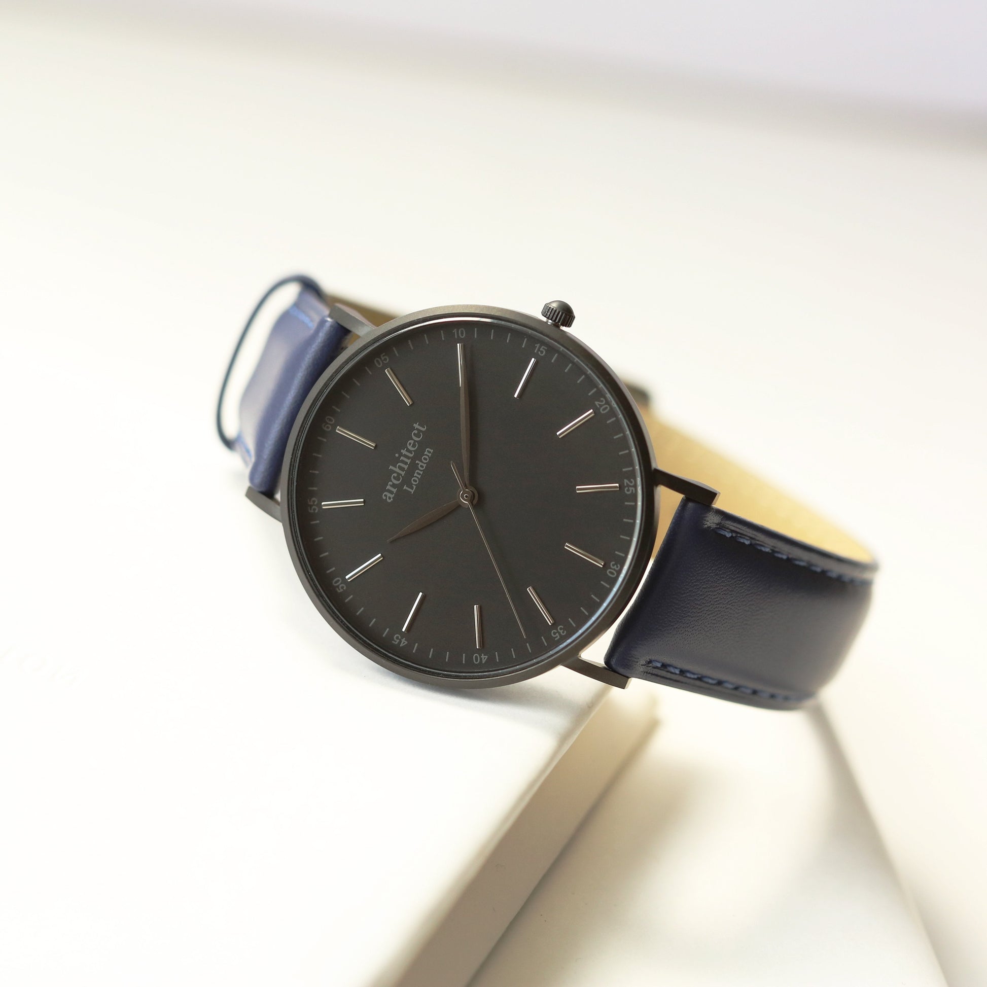 Modern Font Engraving - Men's Minimalist Watch + Admiral Blue Strap - Wear We Met