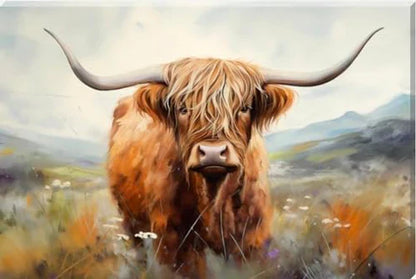 Landscape Highland Cow Grazing In The Scottish Highlands Canvas