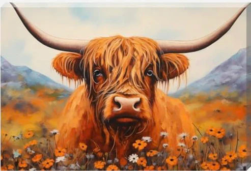 Landscape Painting Effect Brown Highland Cow Canvas