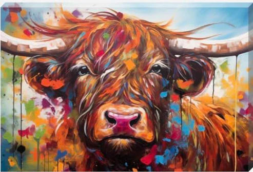 Landscape Paint Splash Frolocking Highland Cow Canvas