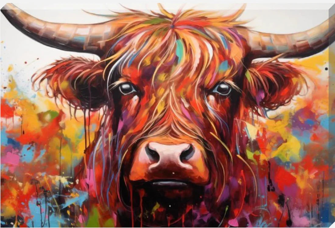 Landscape Paint Splash Frenzy Highland Cow Canvas