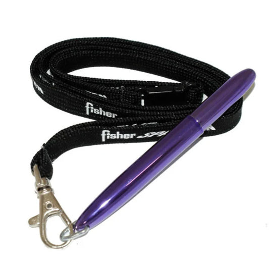 isher Space Bullet - Purple Passion with D Ring and Black Fisher Lanyard Neck Chain Pen