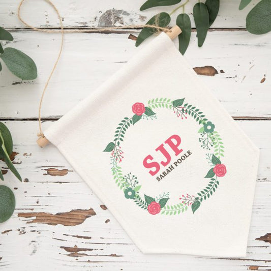 Floral Wreath Initials Personalised Pennant Flag
