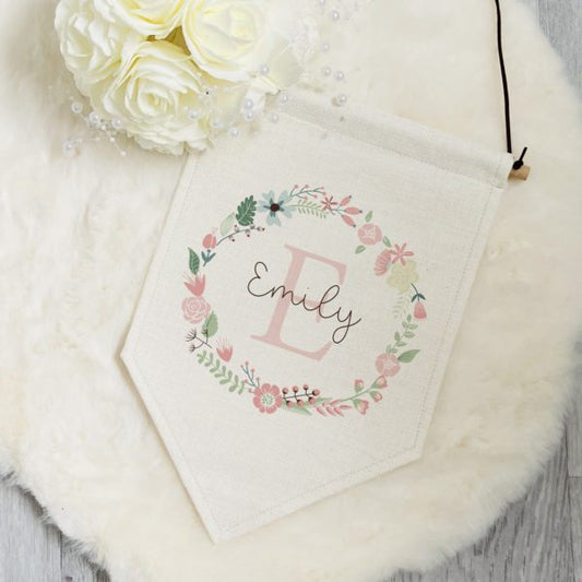 Pink Floral Wreath Personalised Pennant Flag