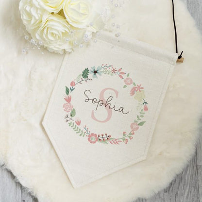 Pink Floral Wreath Personalised Pennant Flag