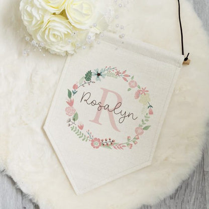Pink Floral Wreath Personalised Pennant Flag