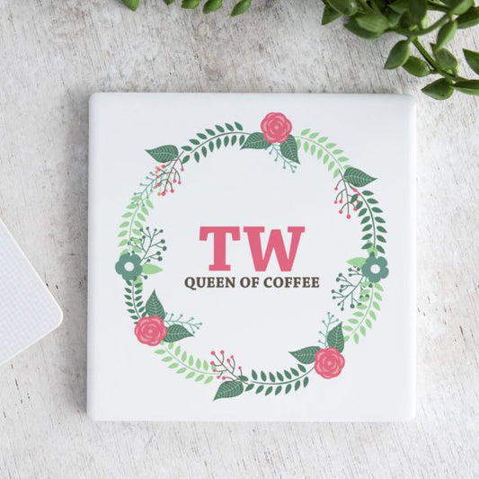Floral Wreath Initials Ceramic Coaster