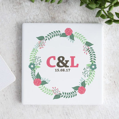 Floral Wreath Initials Ceramic Coaster