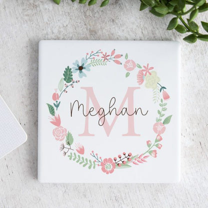 Pink Wreath Personalised Ceramic Coaster