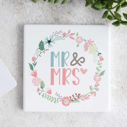 Mr. & Mrs. Wreath Ceramic Coaster