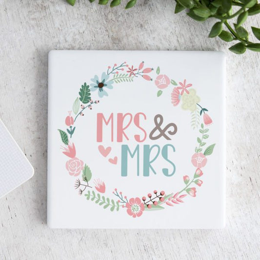 Mrs. & Mrs. Wreath Ceramic Coaster