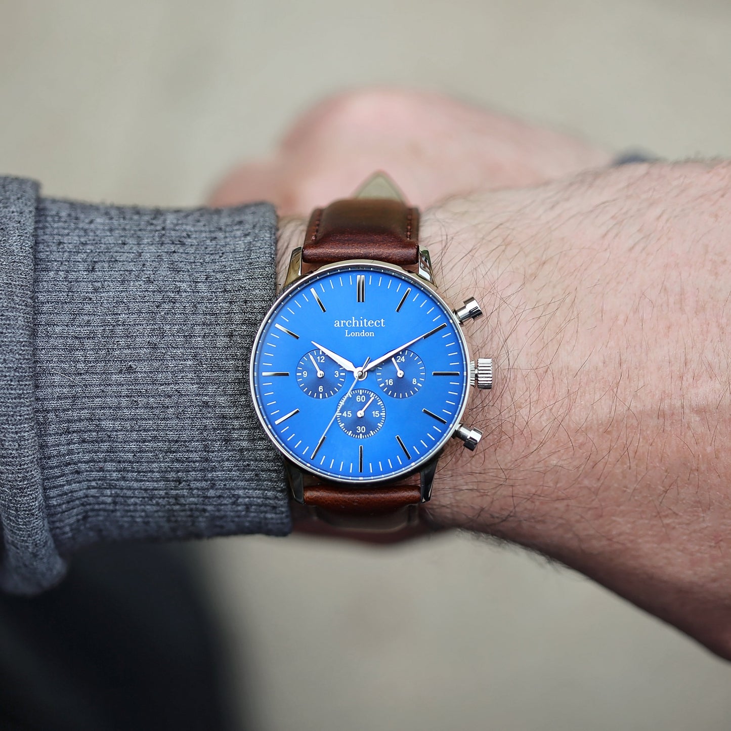 Contactless Payment Watch - Men's Blue Motivator + Walnut Strap + Modern Font Engraving - Wear We Met