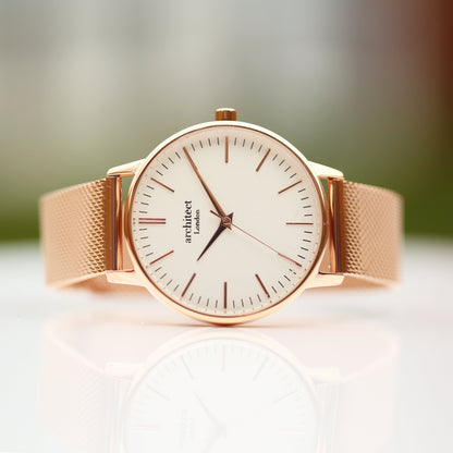 Ladies Architēct Blanc - Handwriting Engraving + Rose Gold Mesh Strap - Wear We Met