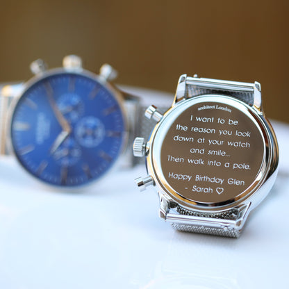 Men's Architect Motivator In Blue With Silver Mesh Strap - Modern Font Engraving - Wear We Met
