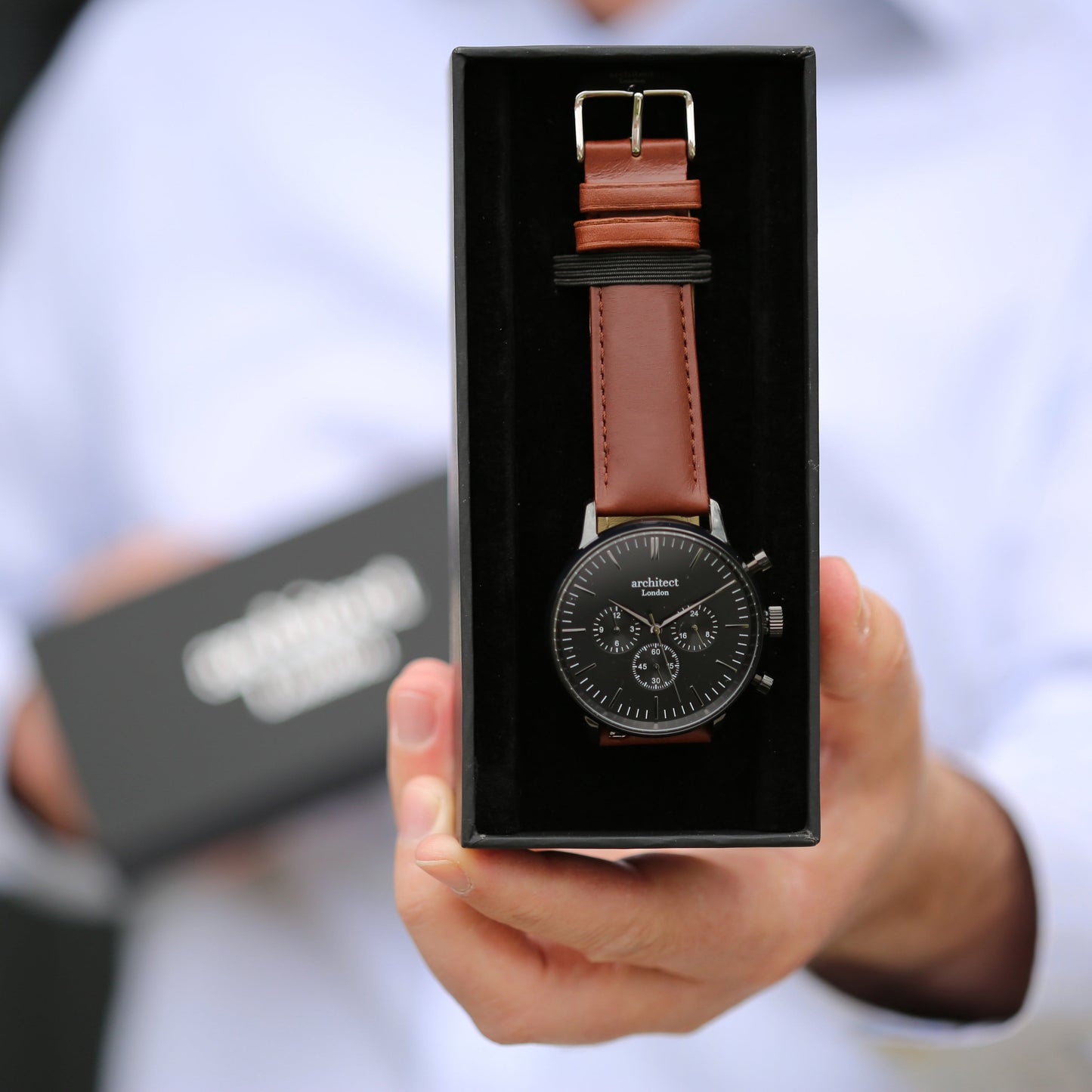 Handwriting Engraving - Men's Architect Motivator Black with Walnut Strap
