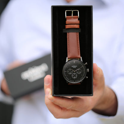 Handwriting Engraving - Men's Architect Motivator Black with Walnut Strap