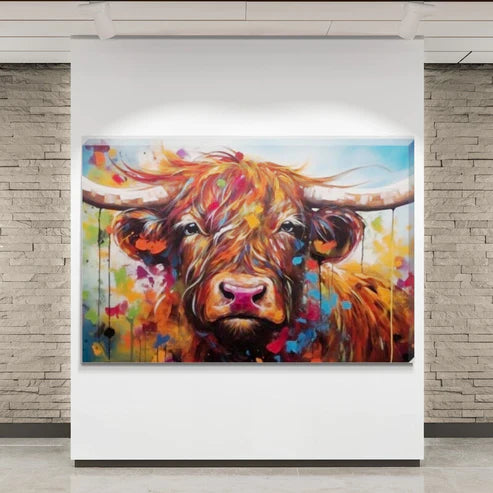 Landscape Paint Splash Frolocking Highland Cow Canvas