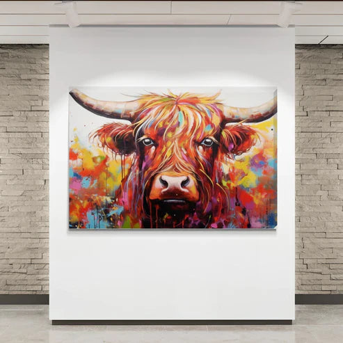 Landscape Paint Splash Frenzy Highland Cow Canvas