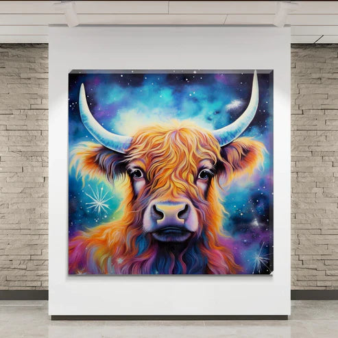 Colourful Starlight Highland Cow Canvas Scottish Wall Art