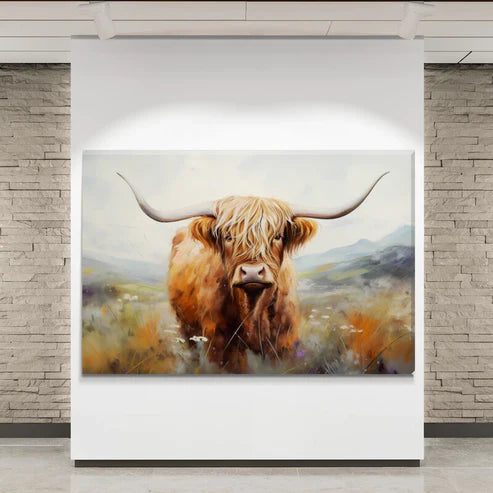 Landscape Highland Cow Grazing In The Scottish Highlands Canvas