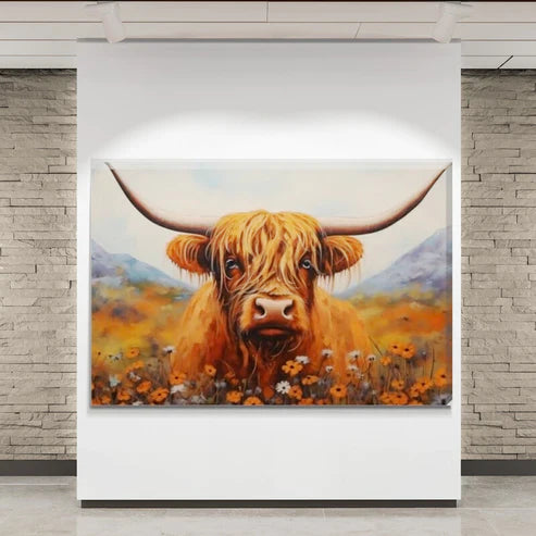 Landscape Painting Effect Brown Highland Cow Canvas