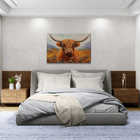 Landscape Painting Effect Brown Highland Cow Canvas