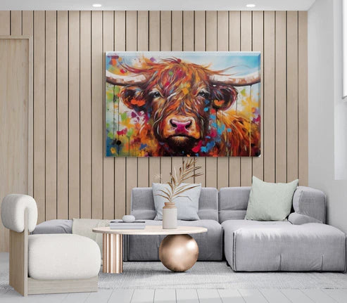 Landscape Paint Splash Frolocking Highland Cow Canvas
