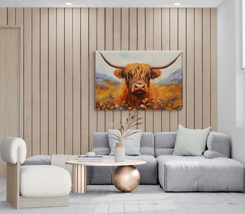 Landscape Painting Effect Brown Highland Cow Canvas