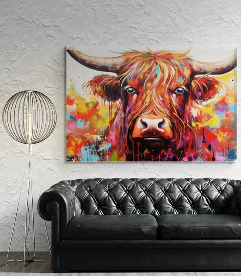 Landscape Paint Splash Frenzy Highland Cow Canvas