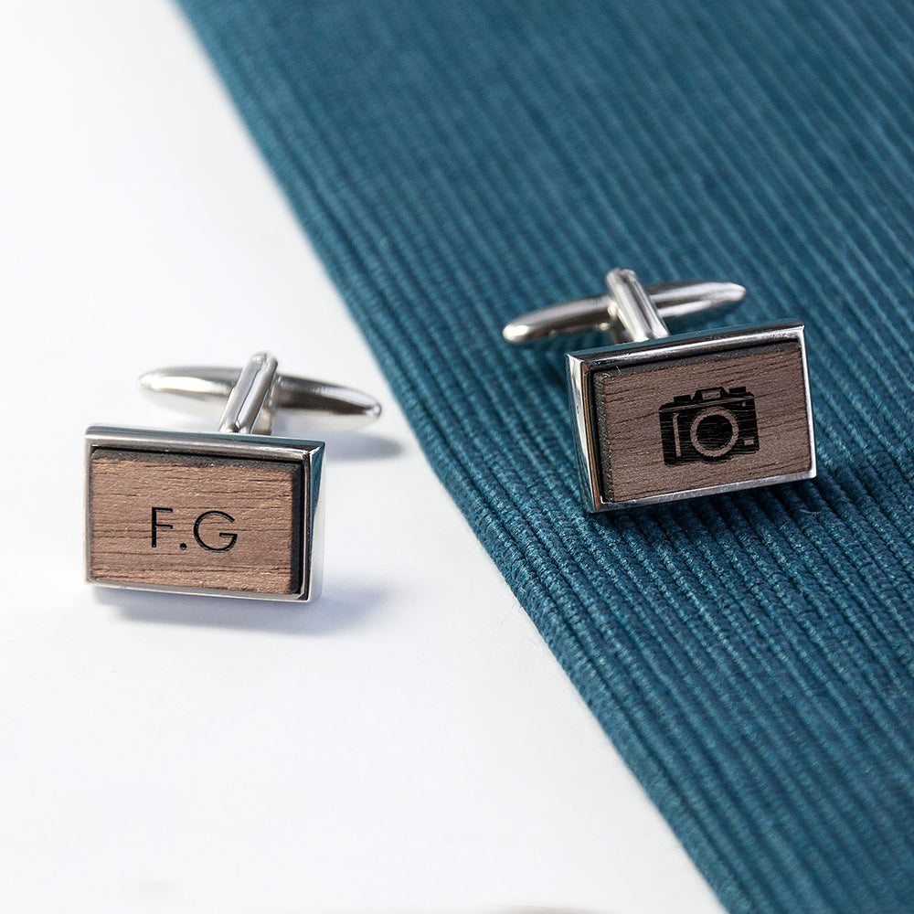 Iconic Hobbies Engraved Rectangle Walnut Cufflinks