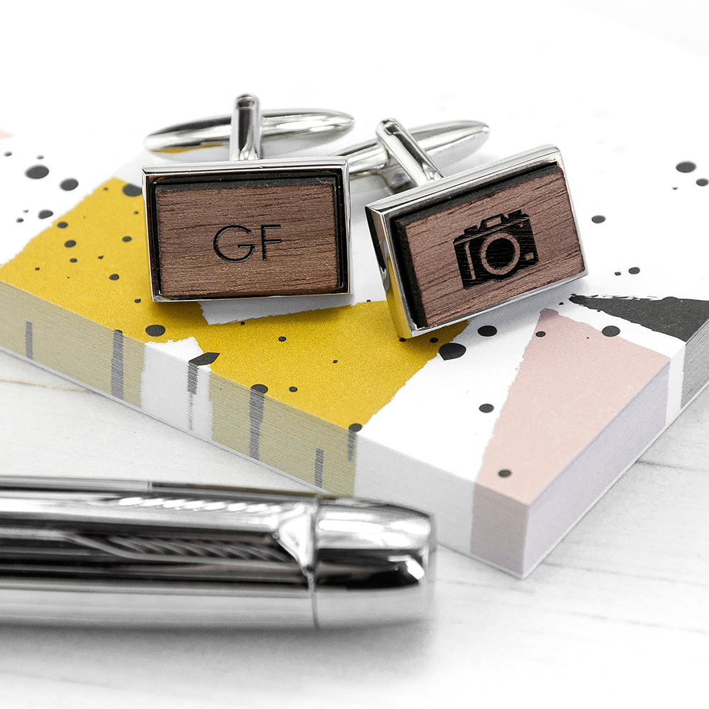 Iconic Hobbies Engraved Rectangle Walnut Cufflinks