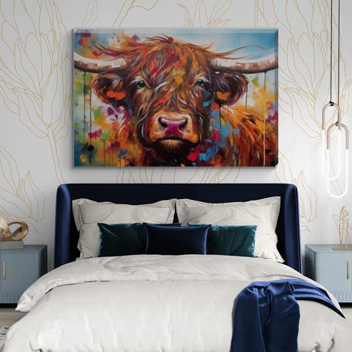Landscape Paint Splash Frolocking Highland Cow Canvas